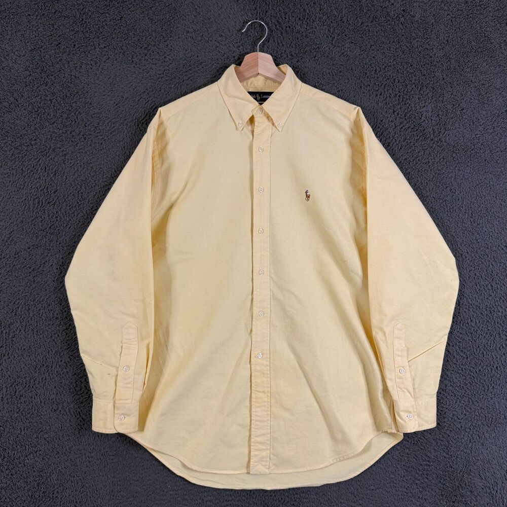 Vtg Polo Ralph Lauren OCBD Shirt Mens Medium Yellow Long Sleeve Preppy Casual